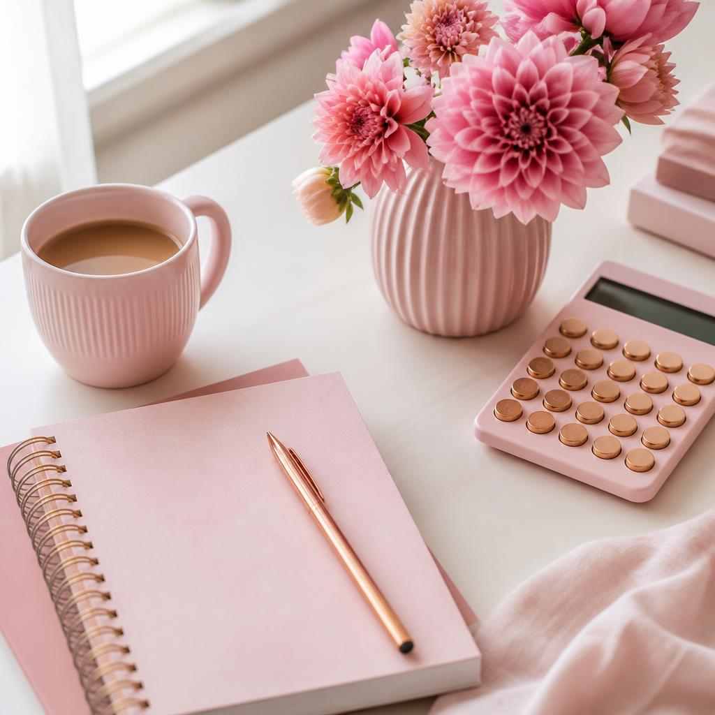 Bureau féminin avec calculatrice rose, mug de café, fleurs et carnet